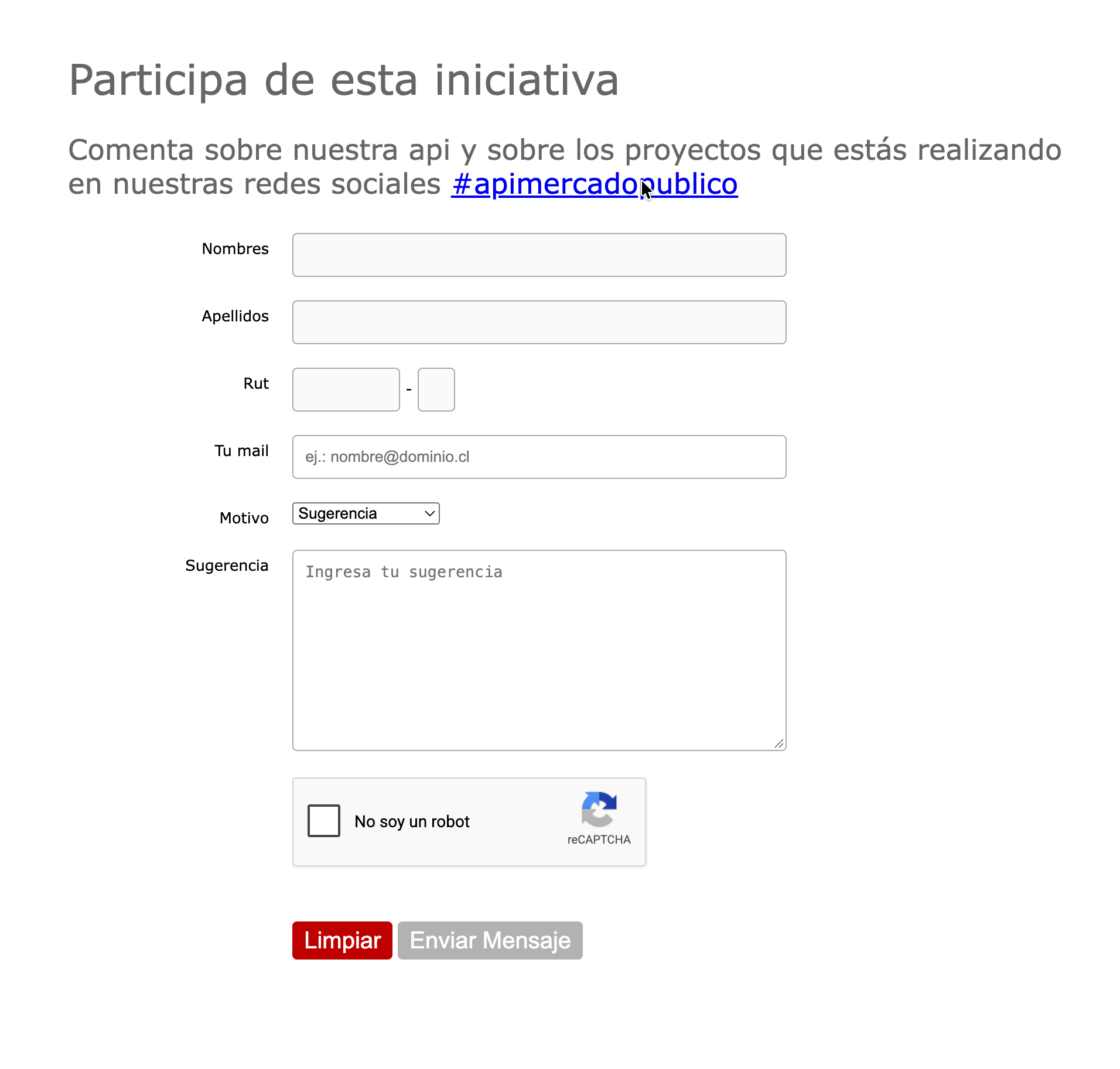 Formulario de ChileCompra para solicitar el ticket de acceso a la API de Mercado Público