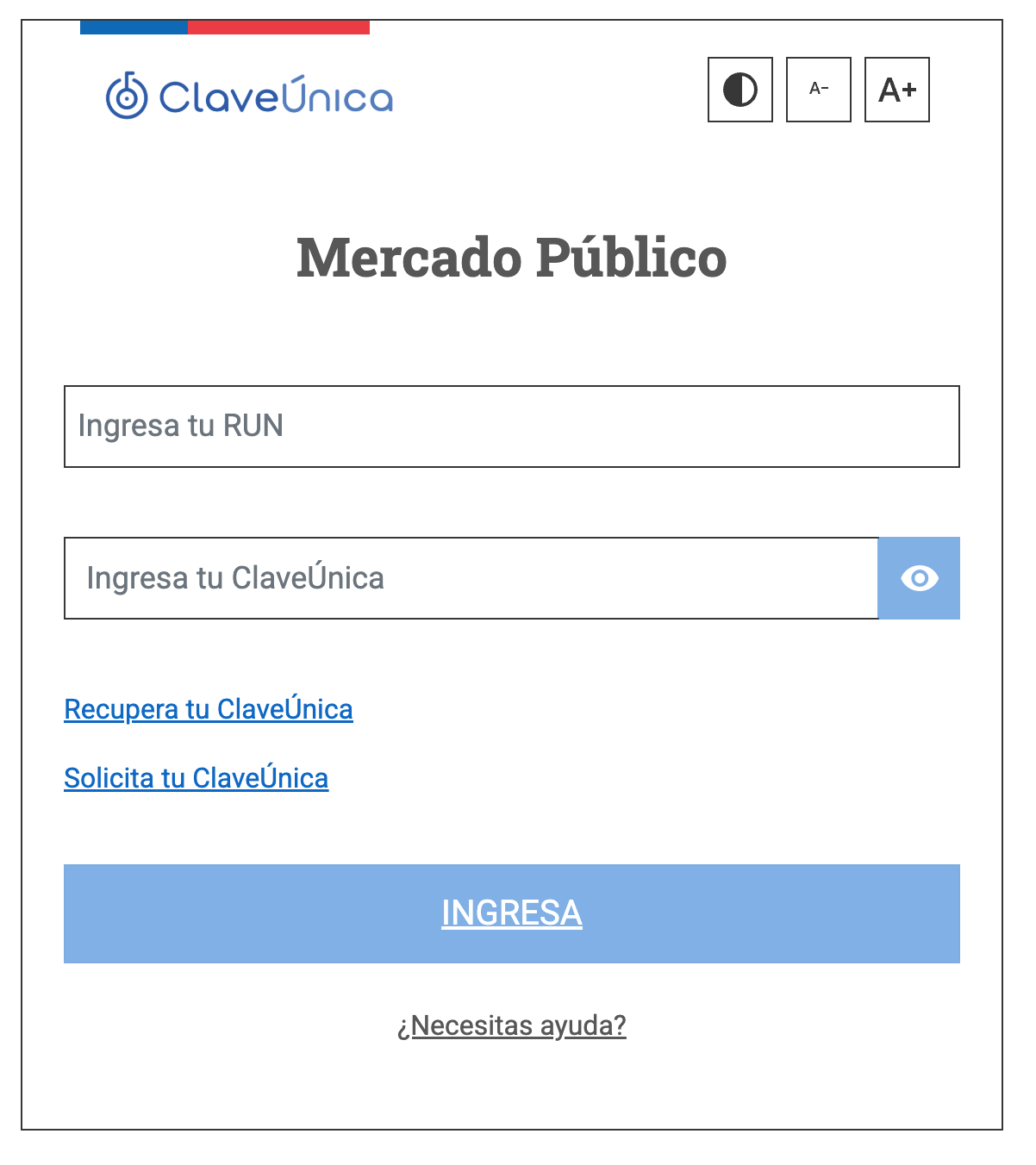 Pantalla oficial de acceso a Mercado Público con RUN y ClaveÚnica